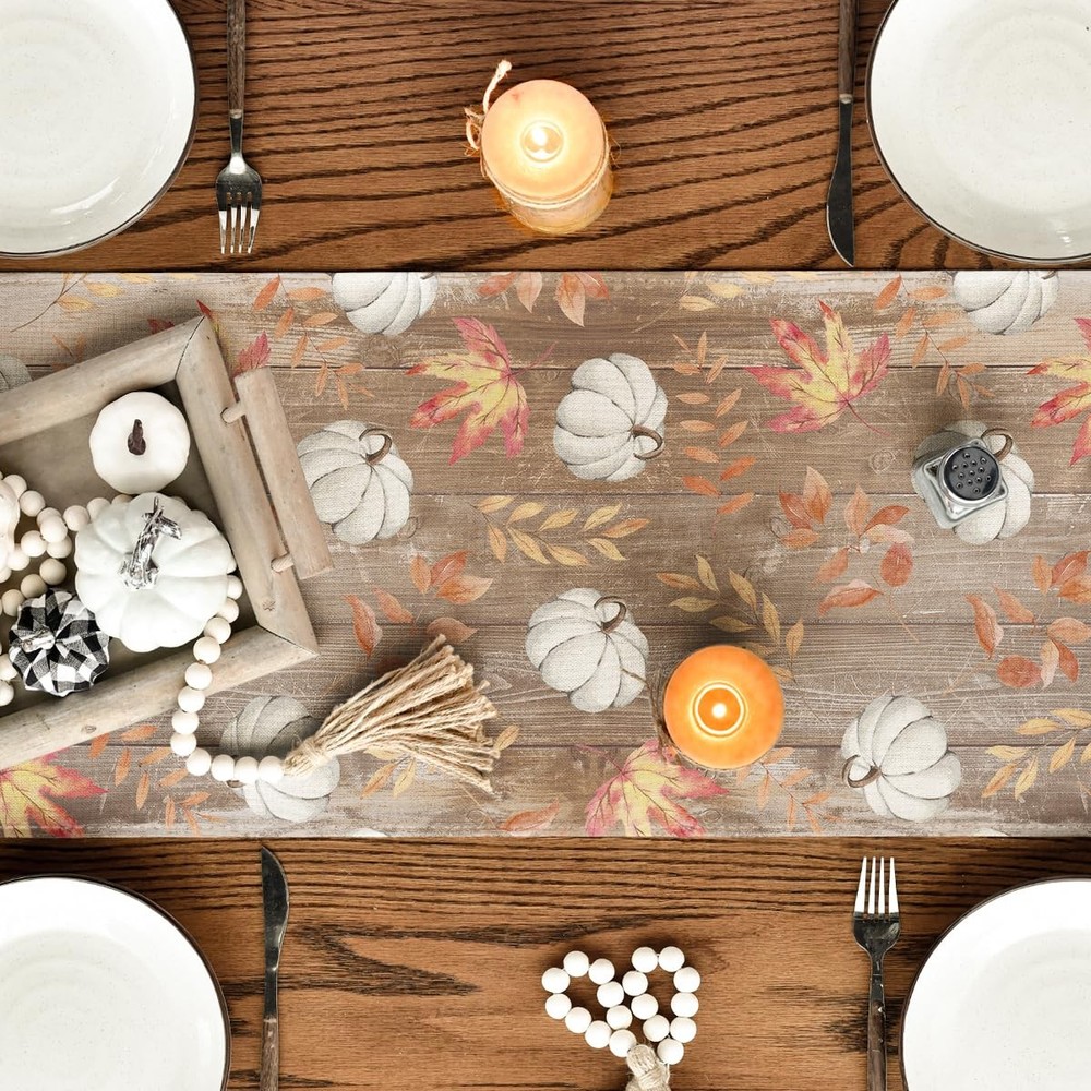 Fall Decorations White Pumpkins Maple Leaves Brown Table Runner Gift 13"x72"