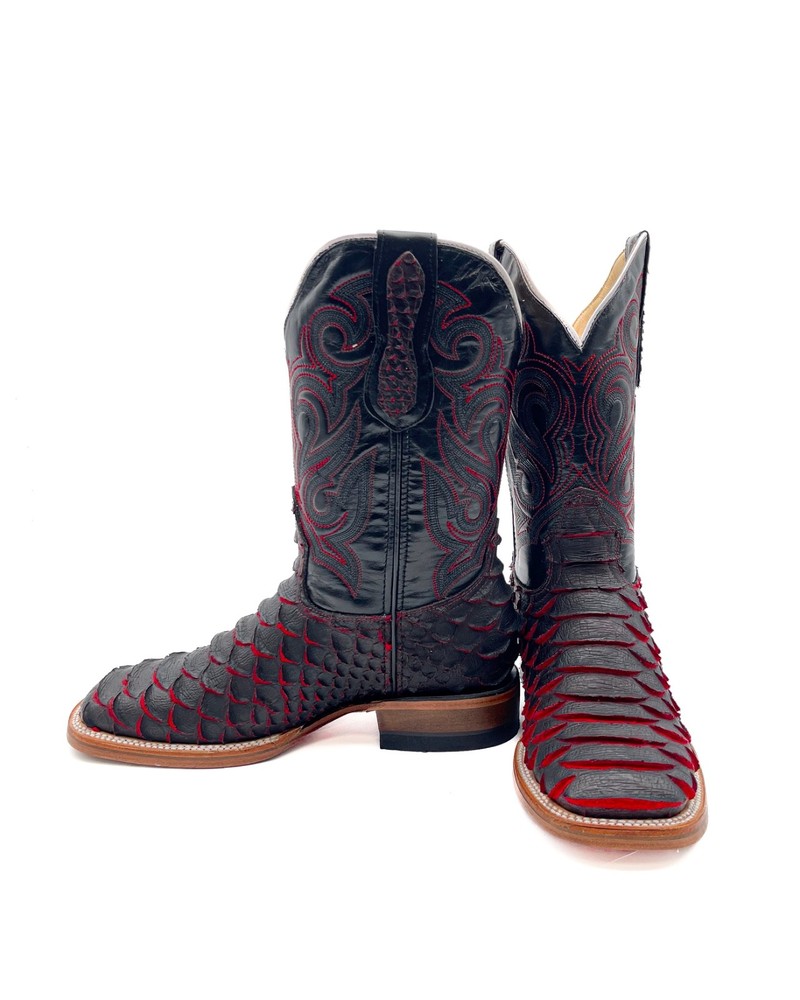 MEN'S COWBOY BOOTS RODEO WESTERN VAQUERAS PYTHON PRINT BLACK MATE SQUARE TOE
