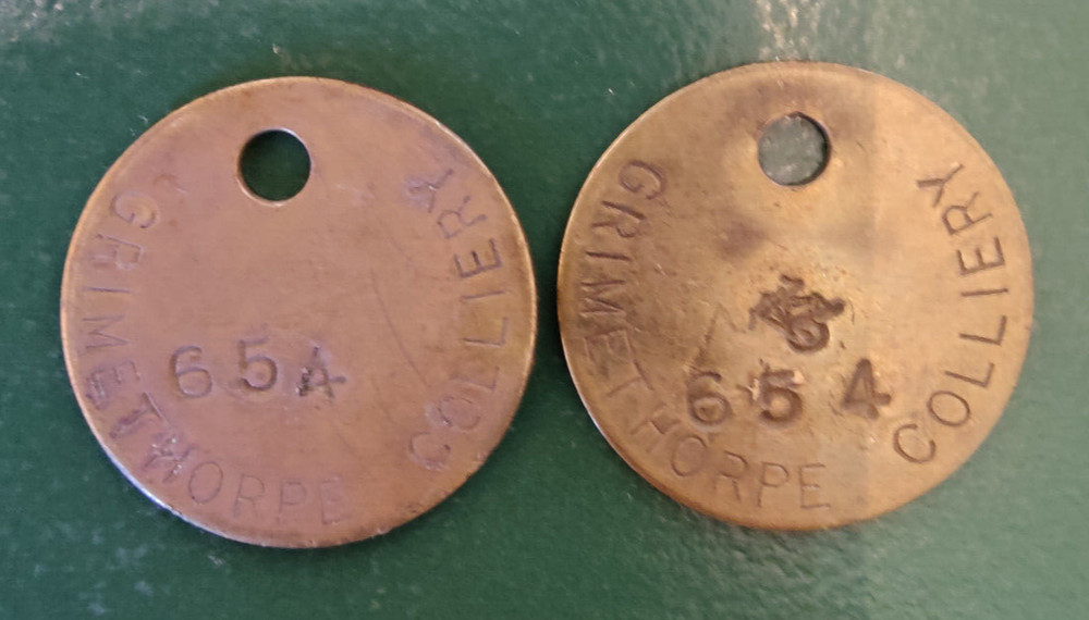 2x GRIMETHORPE Colliery Pit Check Tally - marked GRIMETHORPE COLLIERY 654
