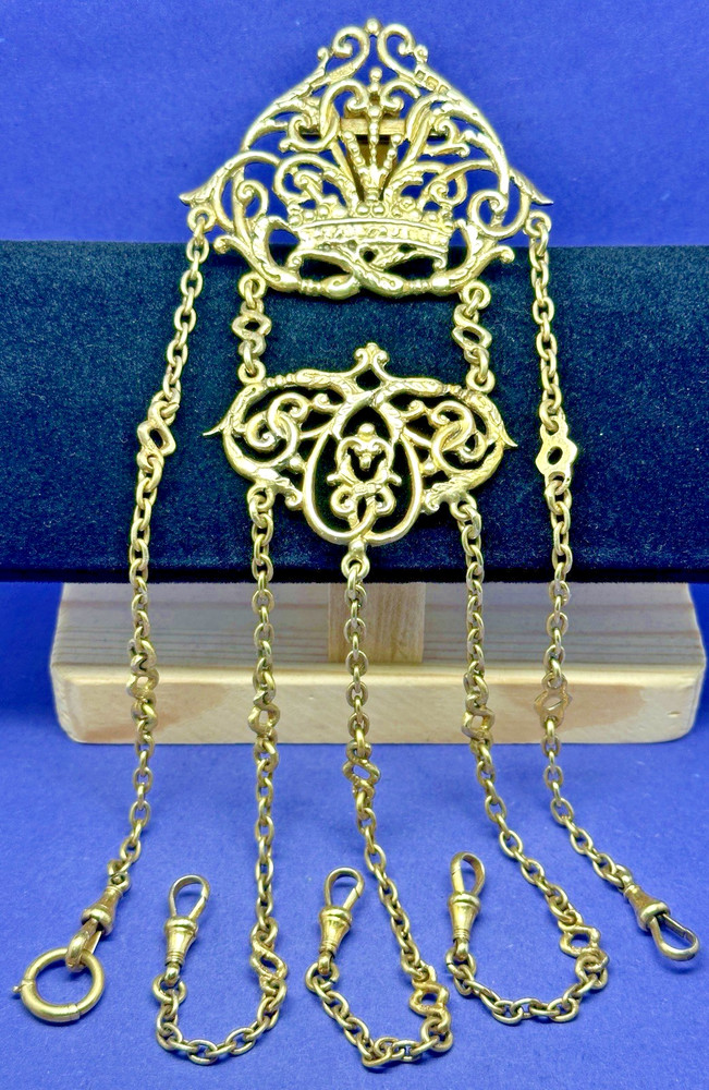 EXCELLENT VICTORIAN 5 STRAND SOLID SILVER GILT CHATELAINE BY HENRY MATTHEWS 1900
