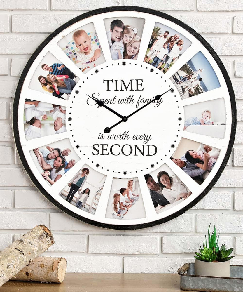 Large Wall Clock with Picture Frames Collage, Vintage Rustic Clock a - White