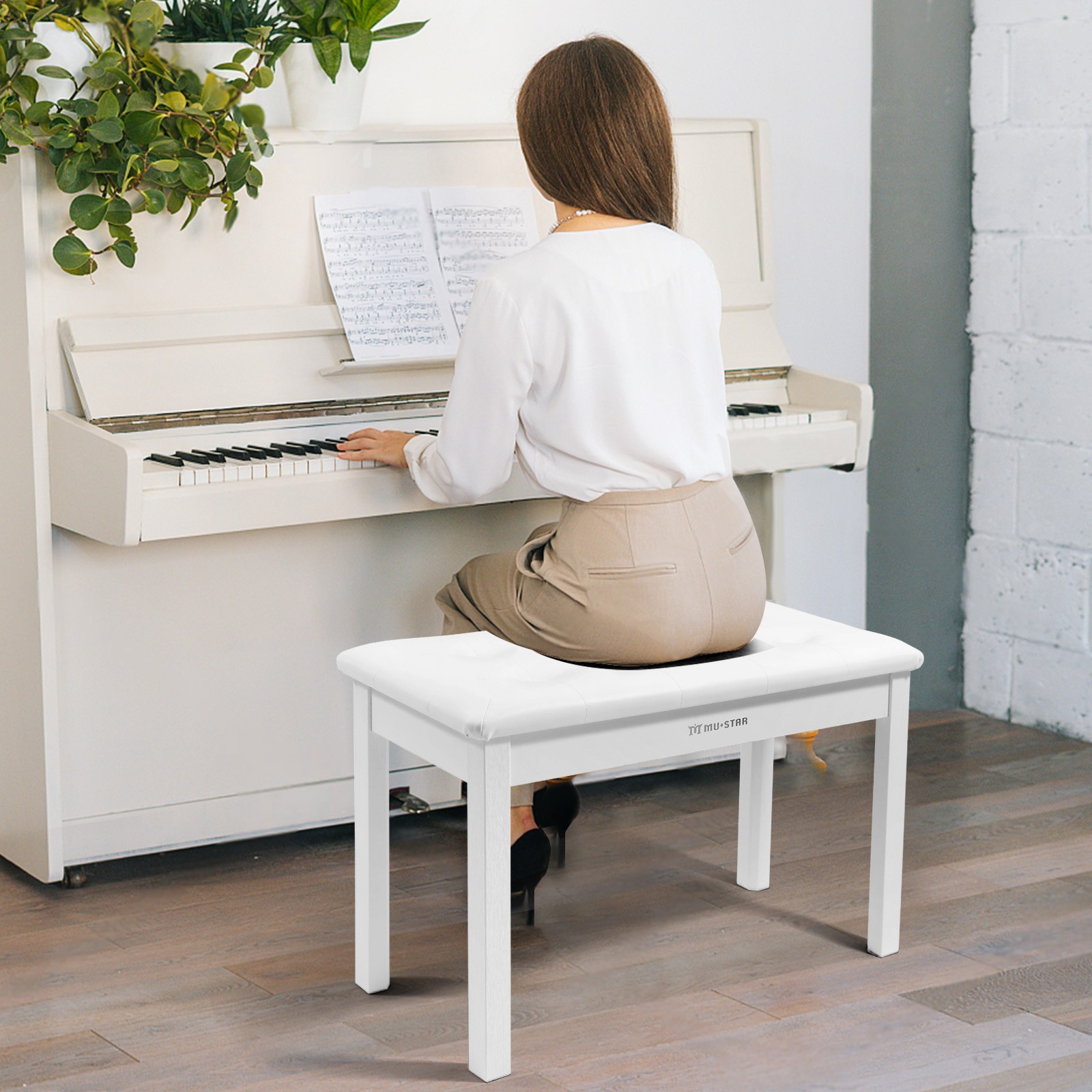 Wooden White Duet Piano Keyboards Bench Vanity Stool with Storage,Padded Cushion