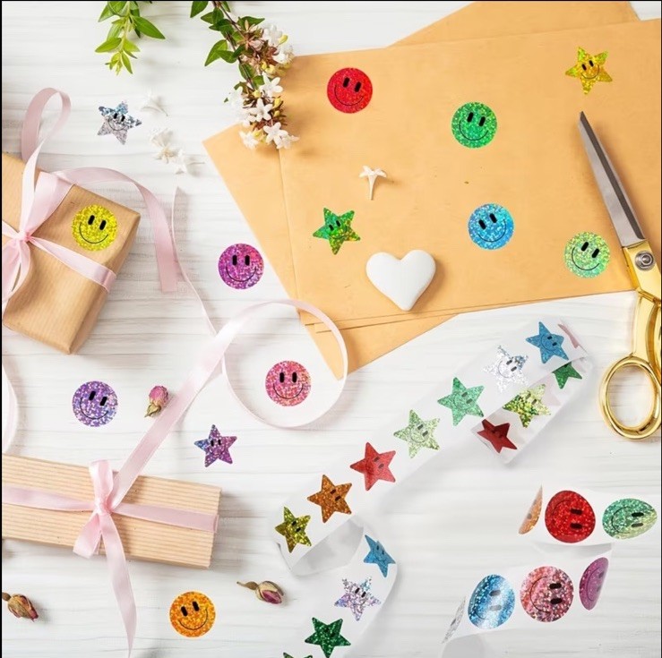 40 PCs Round 1 Inch Holographic Glitter Happy Face Smile Stickers Envelope Seals