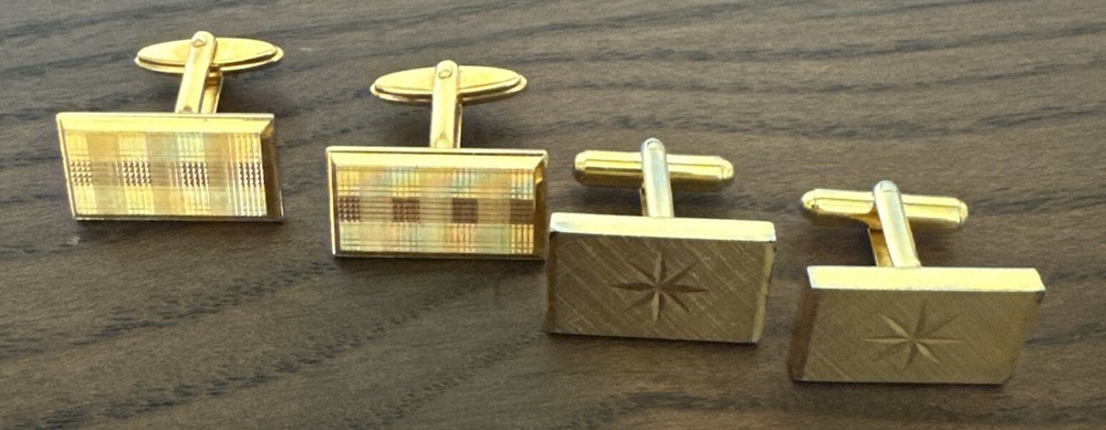 2 X Pair Retro Gold Tone Cut Etched Themed Rectangle Cufflinks