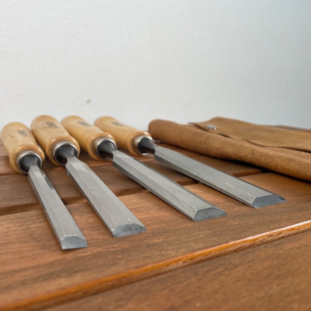 STANLEY Chisel Set 4 Pc with Leather Cover Used Woodworking Hand Tools