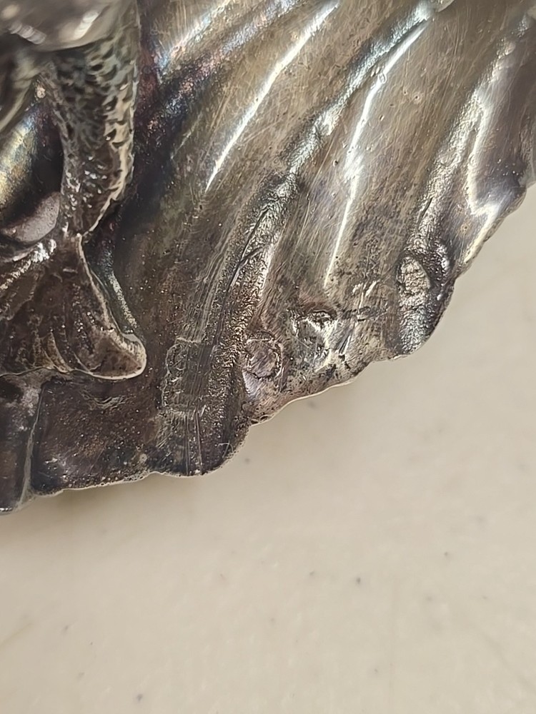 Antique Victorian Scroll Handle Dolphin Footed Silver Shell Dish Salt Dip