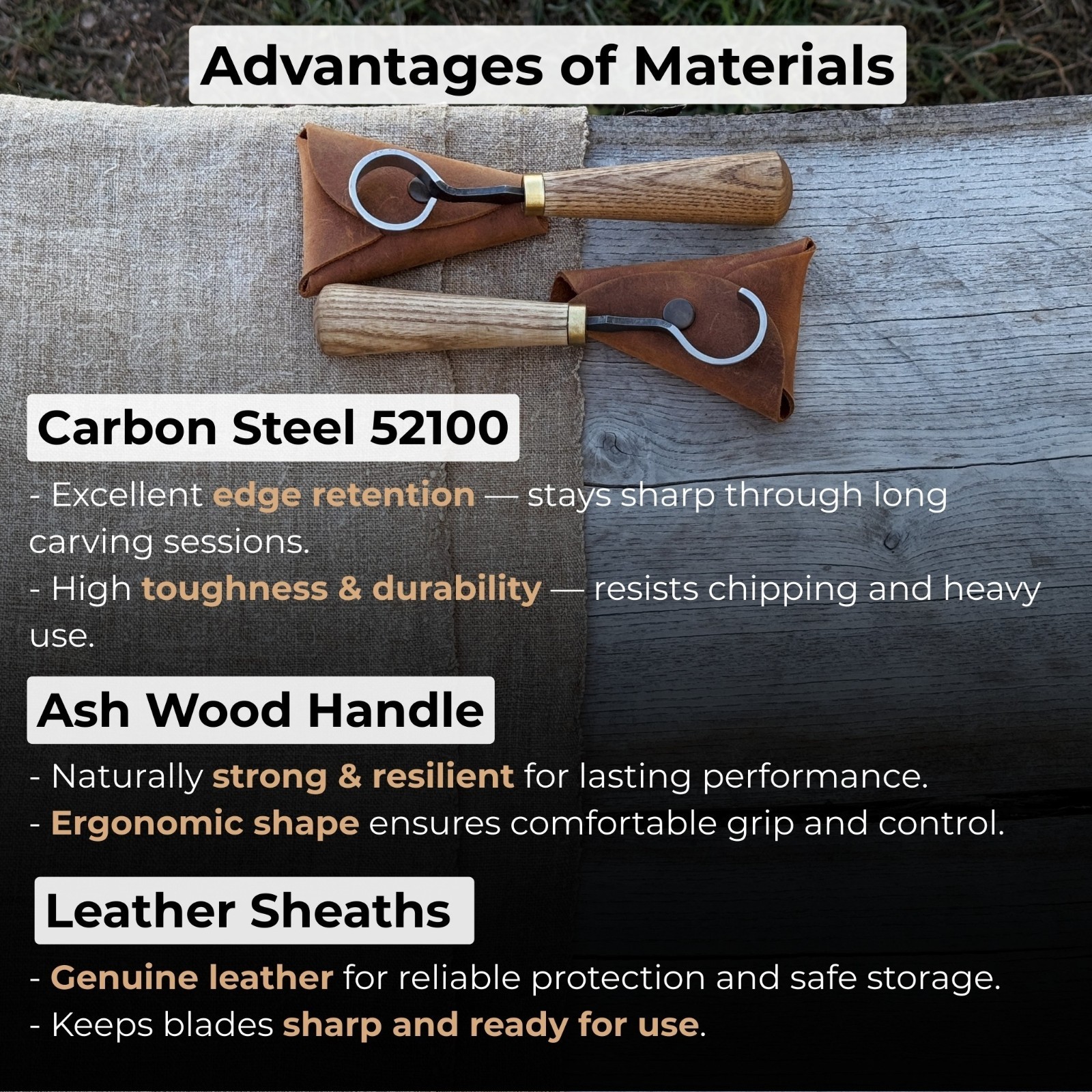 1.18in Blades 2-pieces Hook And Scorp Carving Knife Set 52100 Steel With Sheaths