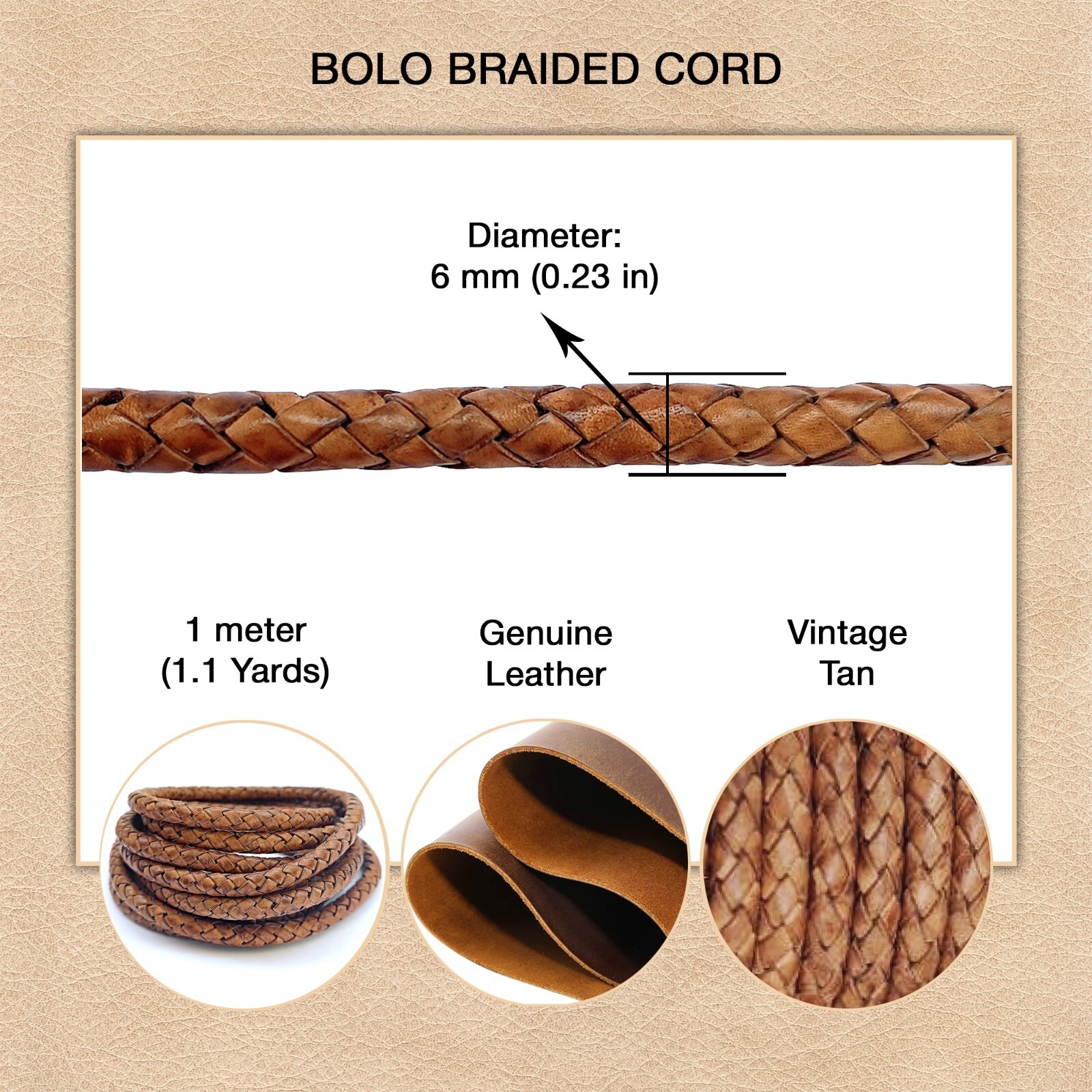 Round Braided Leather Cord, 6mm - Folded Bolo Genuine Leather Strap 1.1 yard