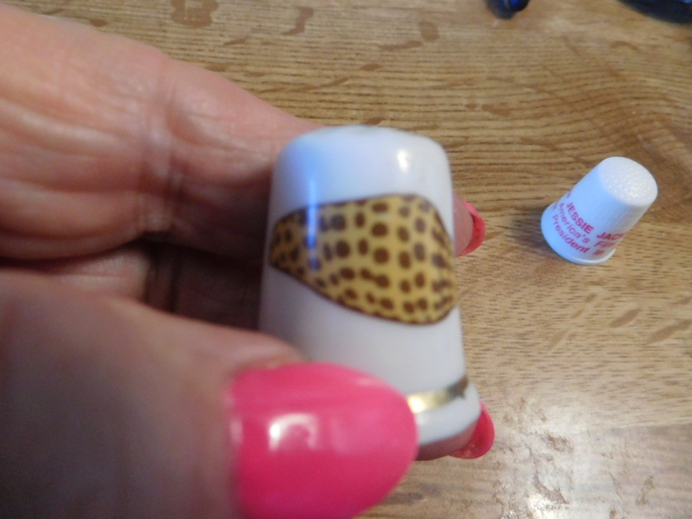 5 vintage thimbles-Rabbit,teddy bear,butterfly, shell, Jesse Jackson