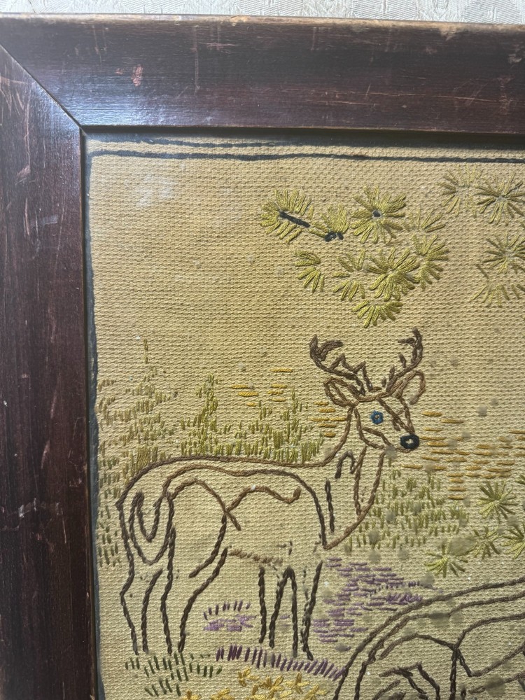 Vintage Needlework "Deer In Landscape Scene" - Framed