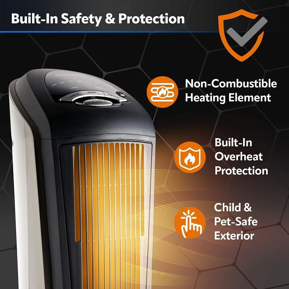 US Oscillating Ceramic Tower Space Heater Adjustable Thermostat Remote Control