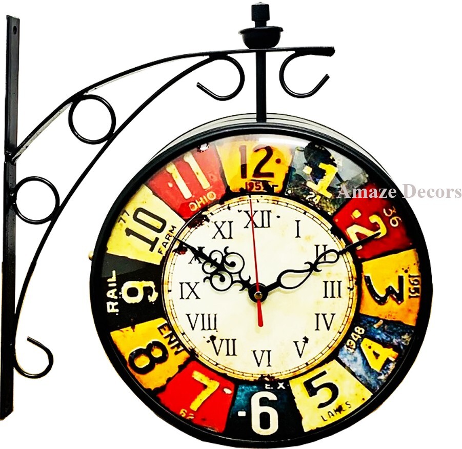 Double sided station wall clock Nautical Black Iron Dia Retro Double Sided