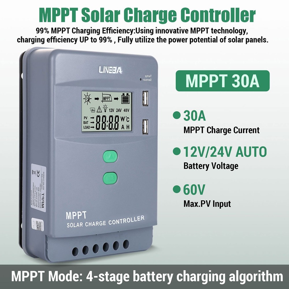 LCD 30A MPPT Solar Panel Regulator Charge Controller 12V/24V Auto Focus Tracking