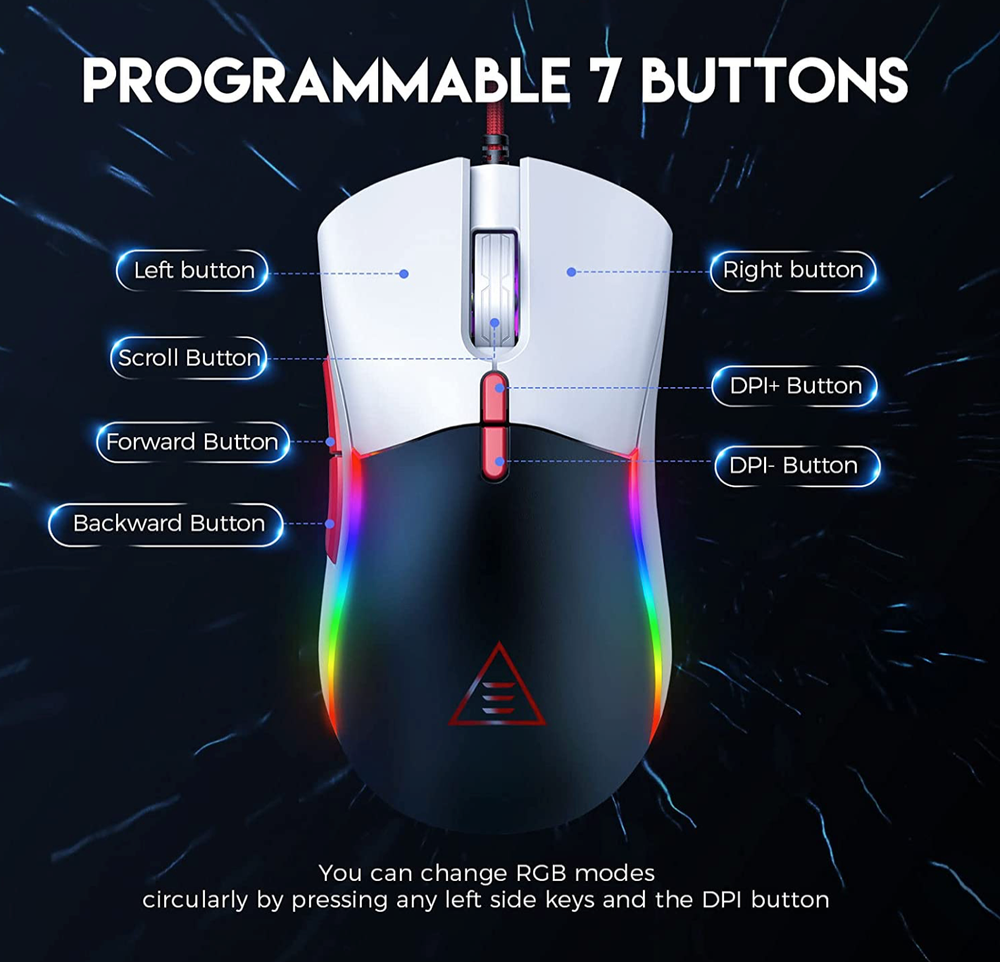 EKSA Gaming Mouse, Customizable Black & White Computer Mouse, Ergonomic Mouse