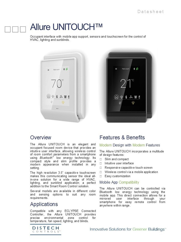 Distech Controls Allure UNITOUCH-W PDIDI-UNITW-00 Bluetooth Room Device NEW