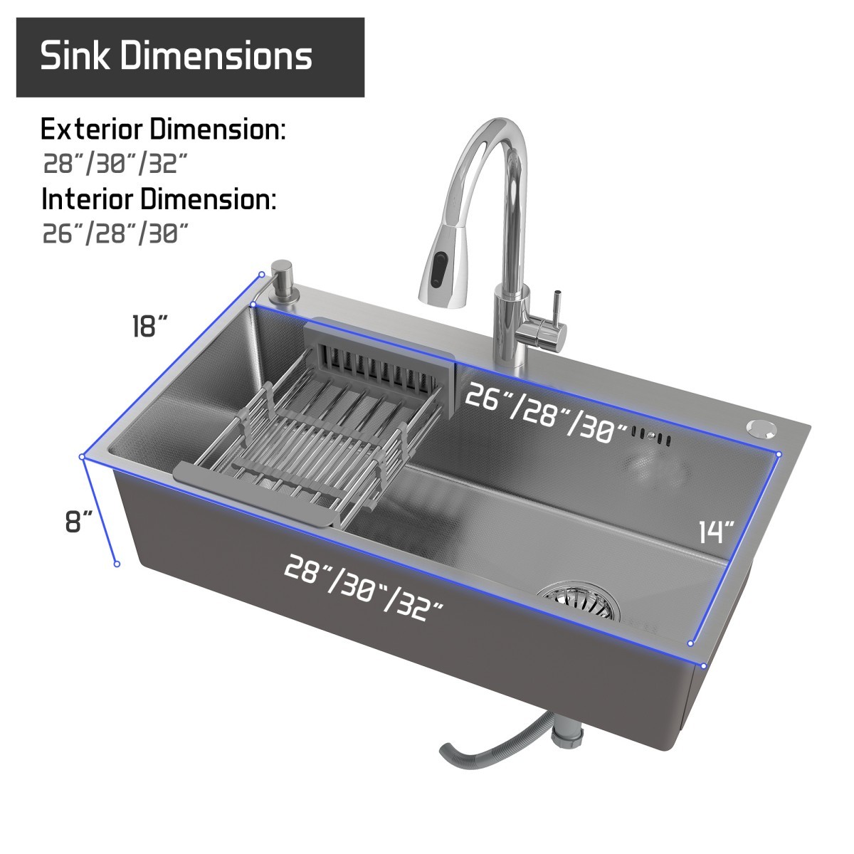28"/30"/32" Drop In Single Bowl Kitchen Sink Stainless Steel Single Bowl Faucet