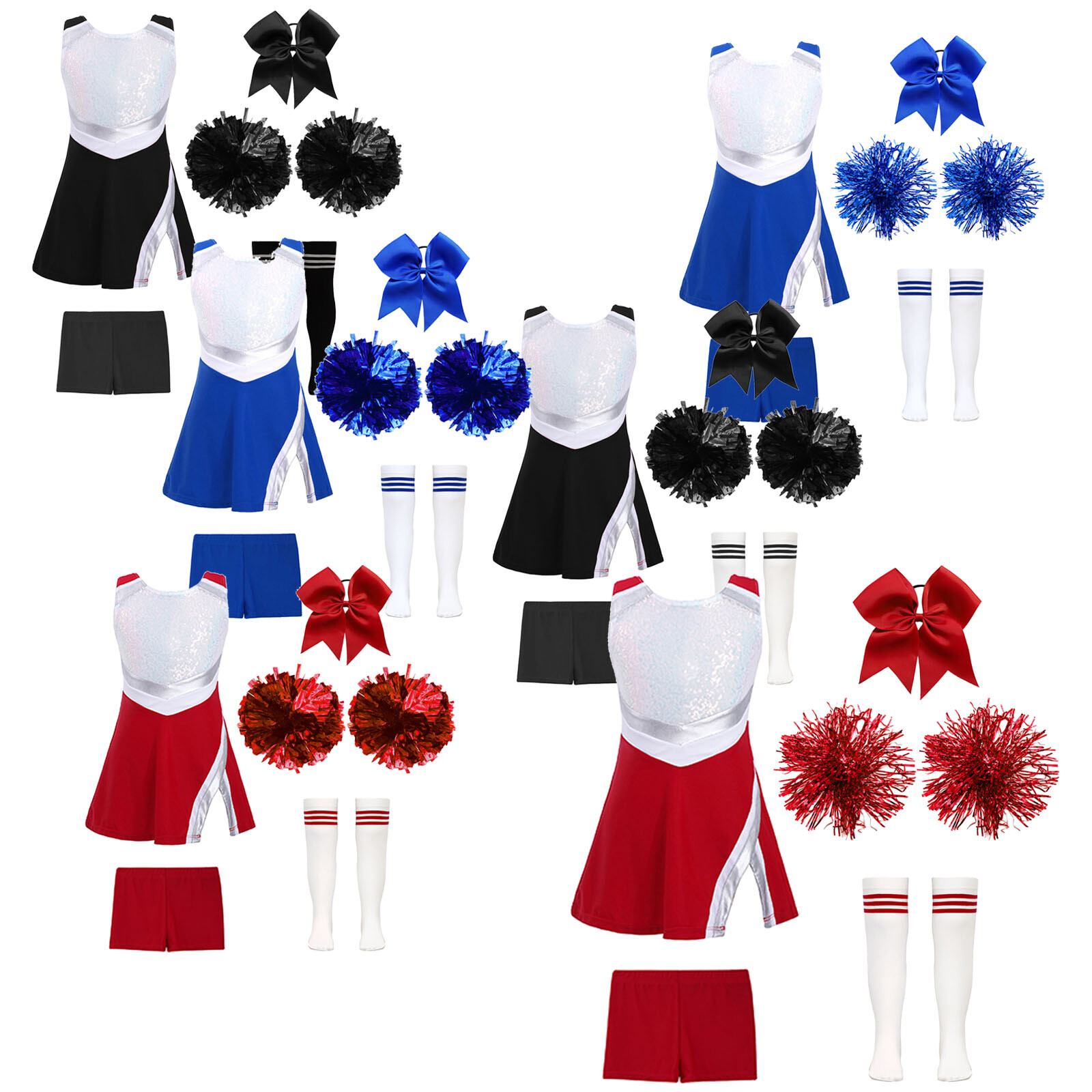 Kids Girls Cheer Leader Costumes Sequins Uniforms Shiny Cheerleading Outfits