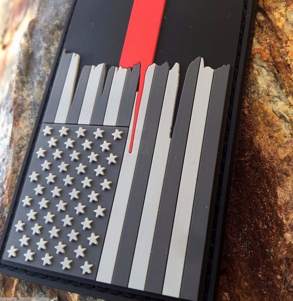 Subdued Tattered American Flag Thin Red Line PVC Patch, Firefighters