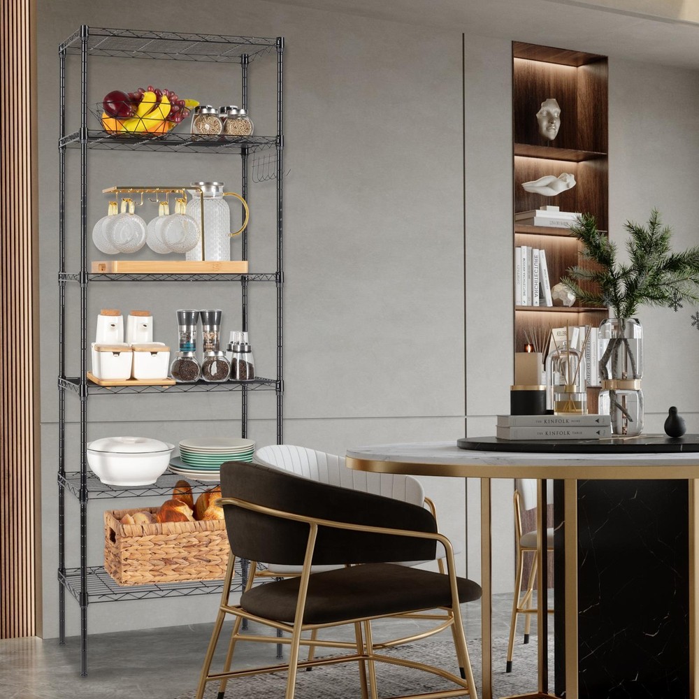 65" Adjustable Rolling Storage Rack 6-Tier Wire Shelving Unit with Hanging Hooks