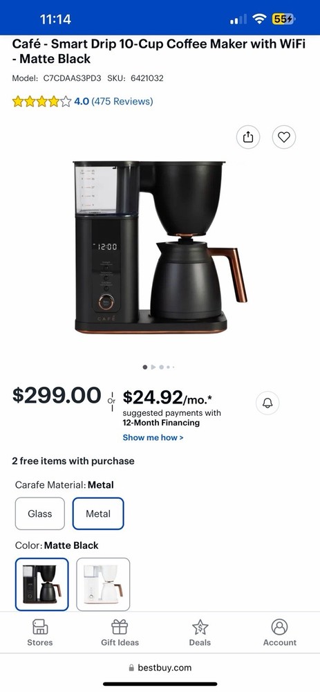 Cafe Specialty Drip Coffee Maker Matte Black Thermal Carafe