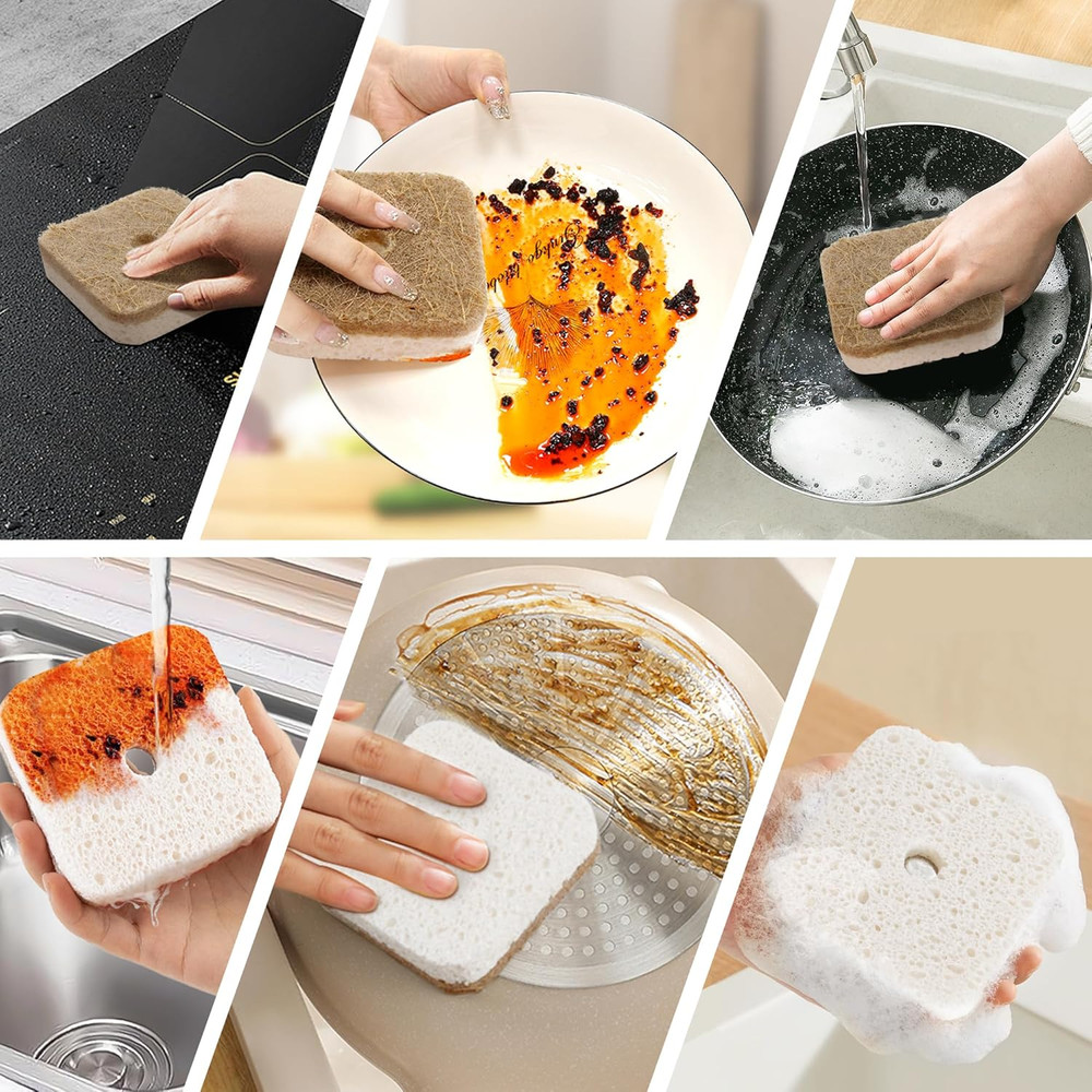 12Pack Natural Kitchen Scrub Dish Sponge with Suction Hanger Biodegradable Comp