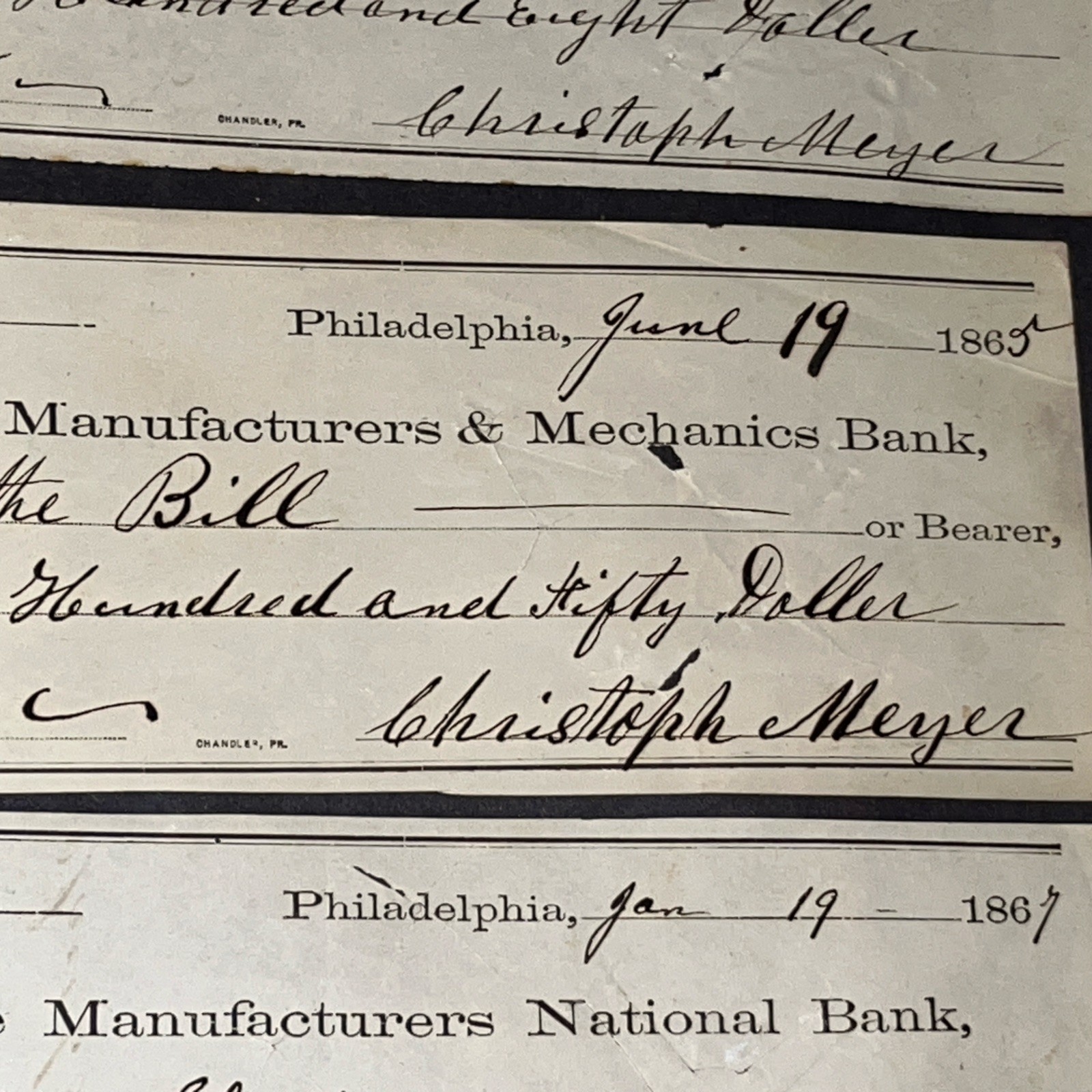 SET OF FIVE HISTORIC PHILADELPHIA REVENUE STAMPED CHECKS 1865-1873 US 2c STAMPS