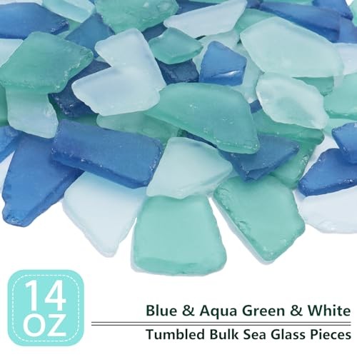 Sea Glass for Crafts - 14oz Frosted Seaglass Pieces - Blue, Aqua Green, White