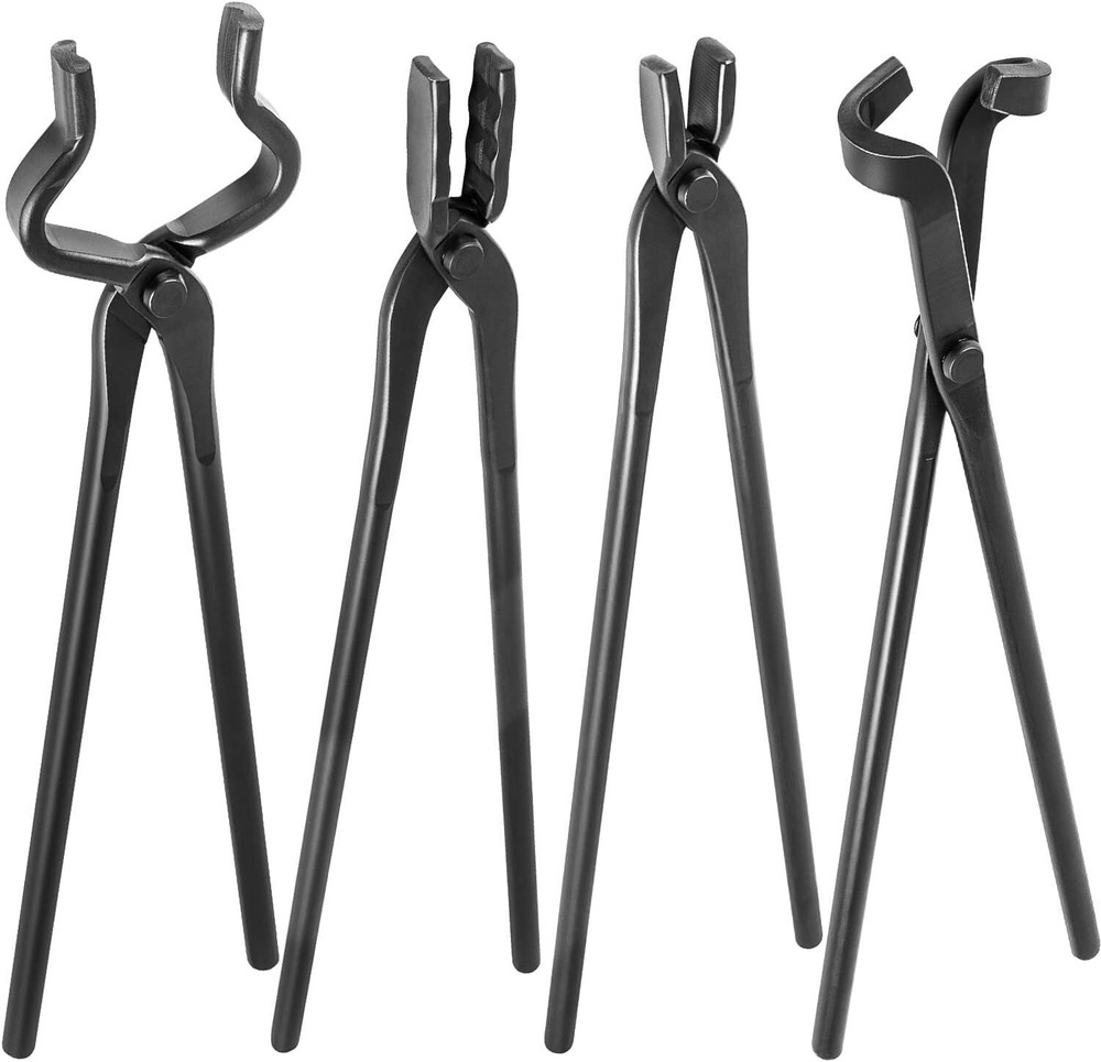 Beginner Blacksmith Tong Set Includes Flat, V Bit, Blade & Wolf Jaw Tongs 4-Pack