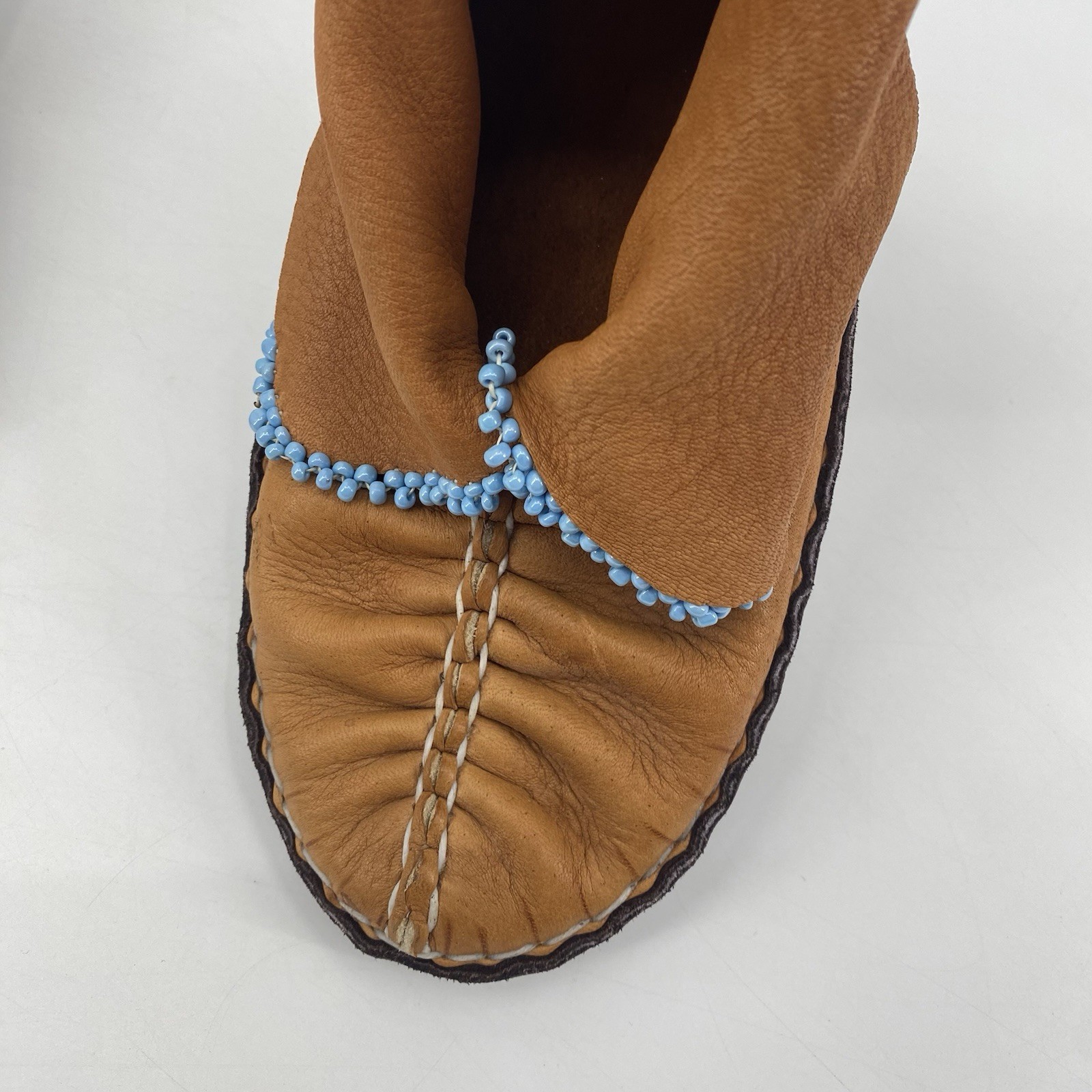 Brown Leather Handmade Center Seam Moccasins Native American Adult Beadwork
