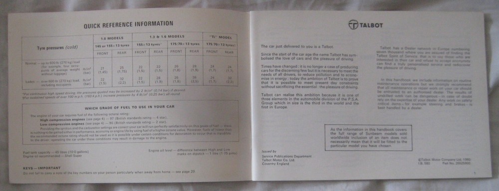 1980 Talbot Owner's Handbook