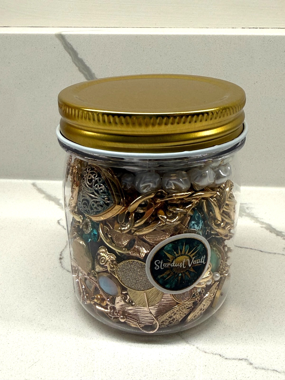 Mystery Jewelry Jar 8 oz – Gold Tone, Blue & Pearl Accents, Wearable Lot