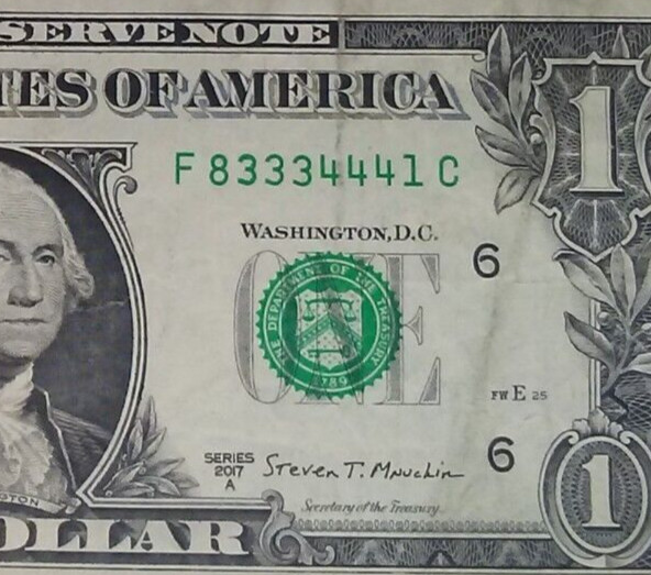 Double Triples FANCY SERIAL NUMBER ONE DOLLAR Bill