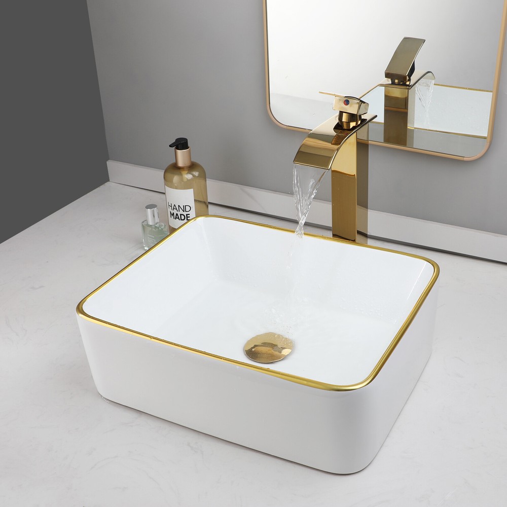 White&Gold Bathroom Sink Rectangular Ceramic Basin Mixer Waterfall Tap Set Drain