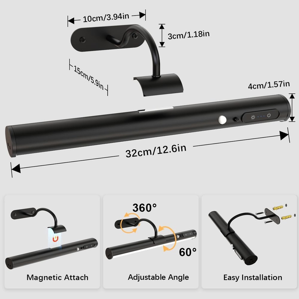 Motion Sensor Battery Operated Picture Light, Wireless Rechargeable Black