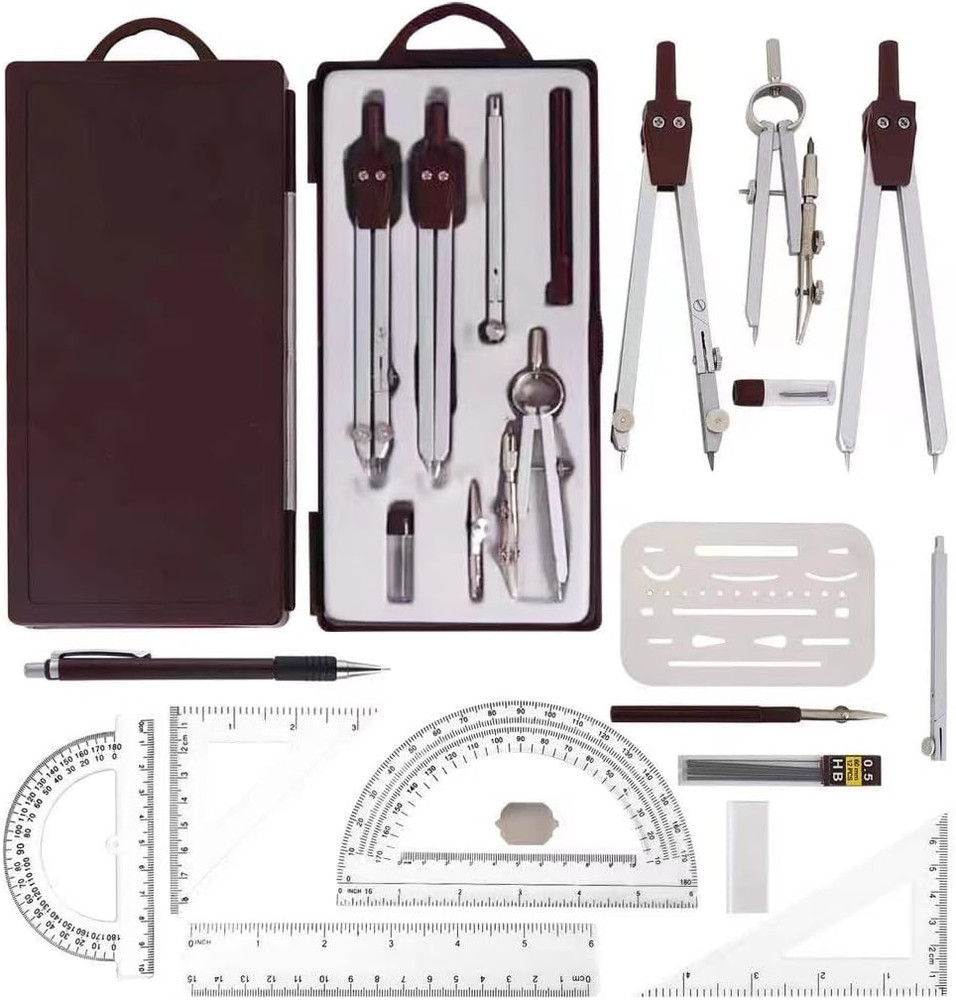 Compass for Geometry Drafting Tools 16 pcs Geometry Set Metal Rulers and Compass