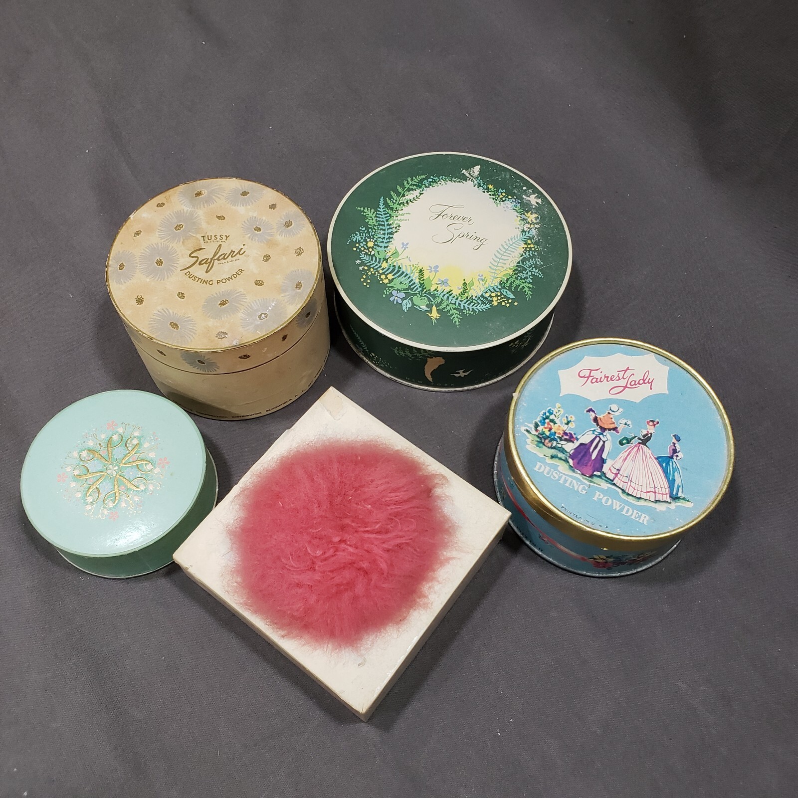 Vintage Dusting Powder Boxes Lot of 5 Advertising Vanity Collectibles 1940s 50s