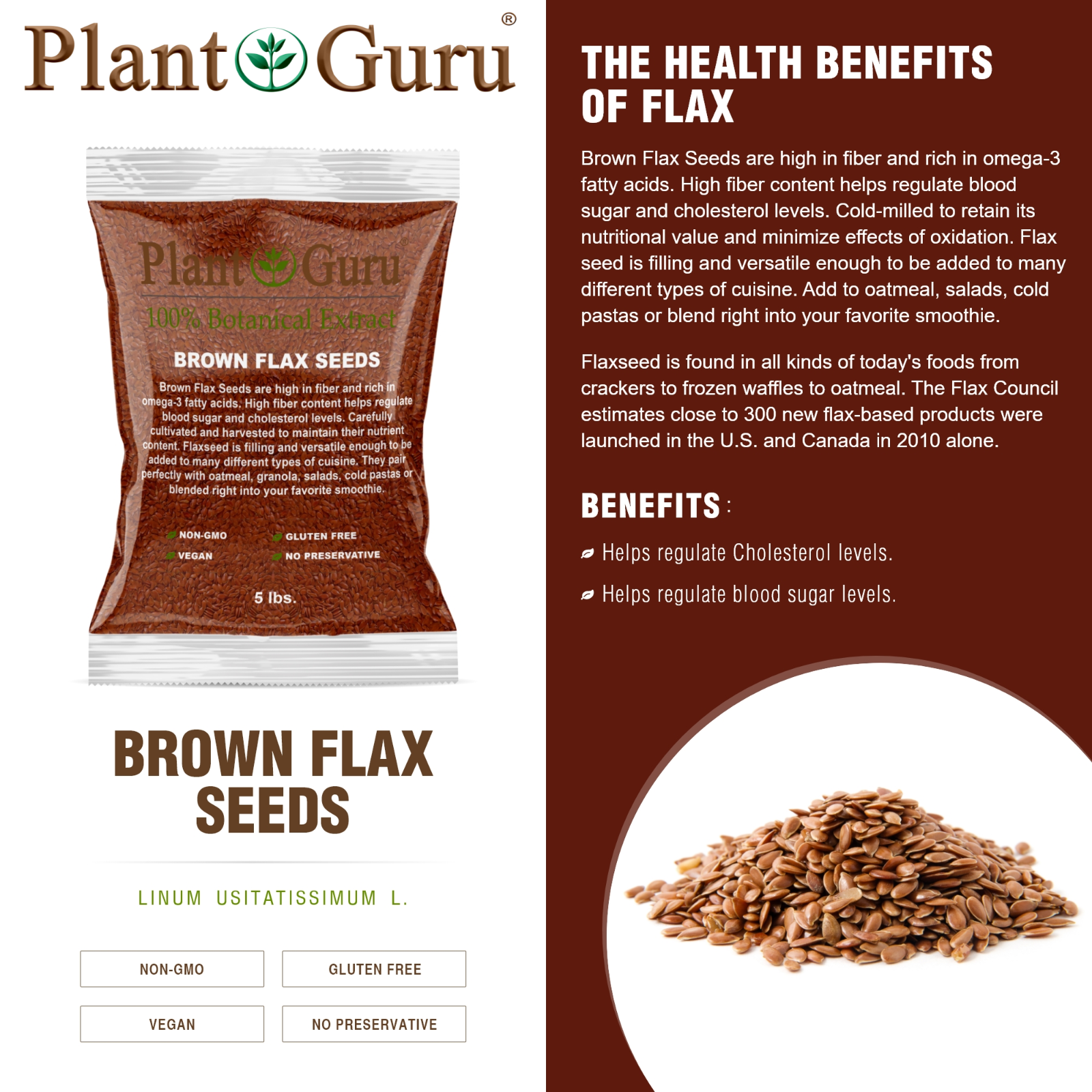Brown Flax Seeds Whole Grain Seed Flaxseed NON GMO Linseed 1 oz to 20 lbs. Bulk