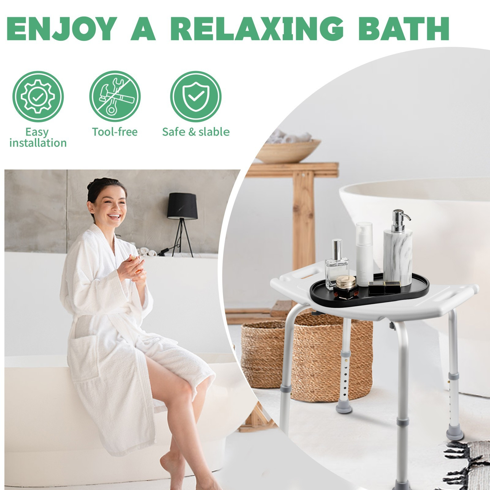 Shower Chair Seat 350lb Bath Stool Padded Height Adjustable Bathtub Seat Bench