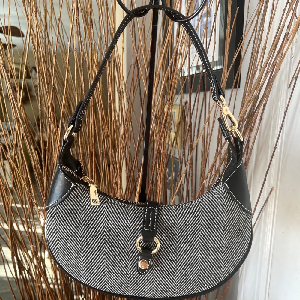 Chic Crescent Shoulder Bag Black White Herringbone Pattern Gold Accents