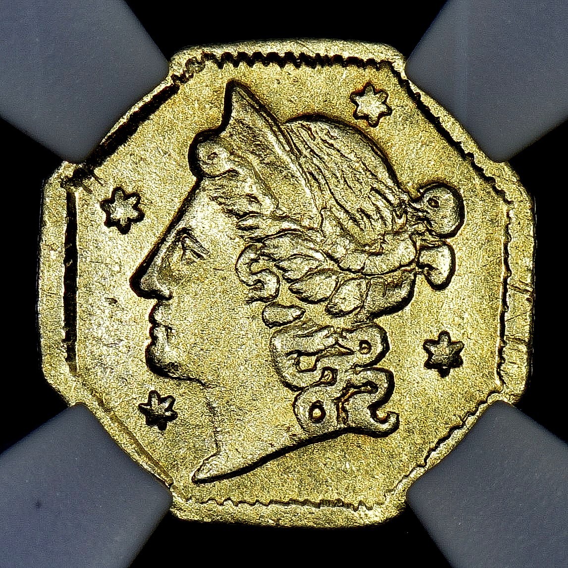 1853 25C CALIFORNIA GOLD ✪ NGC UNC DETAILS ✪ COIN BG-102 OCTAGONAL ◢TRUSTED◣