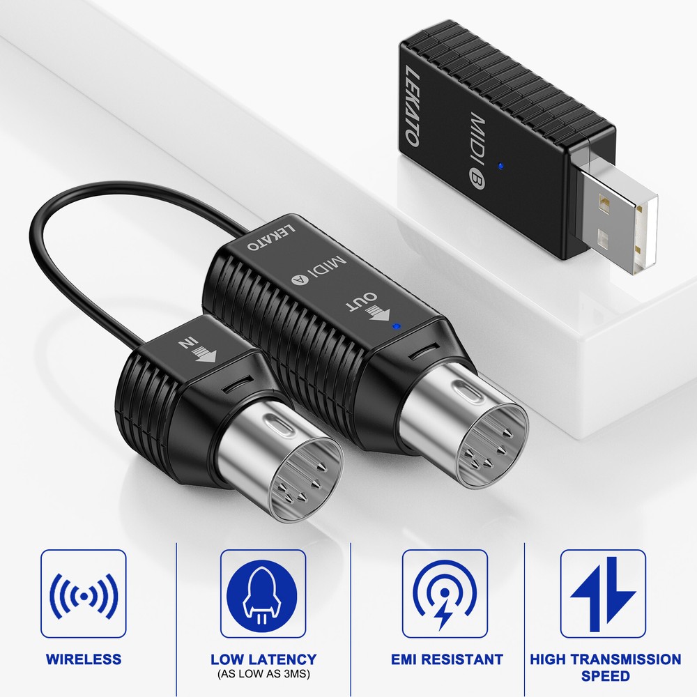 LEKATO Wireless MIDI Adapter Wireless 5 PIN USB MIDI Interface Ultra Low Latency