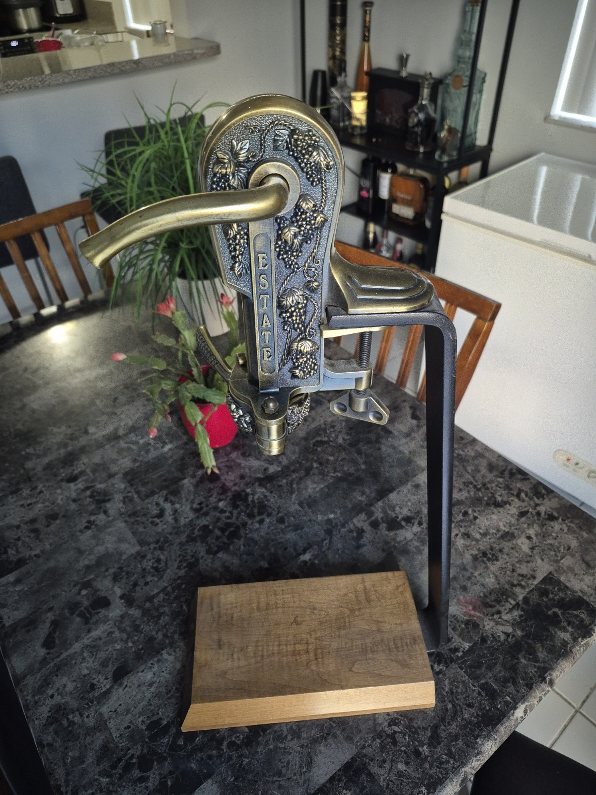 Estate Wine Bottle Corker Table Mount Brass Corkscrew with Wooden Base