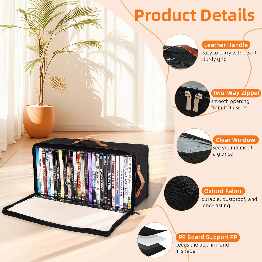 4 Pack DVD Storage Box, Stackable Oxford Fabric DVD Cases Holder with Front Zipp