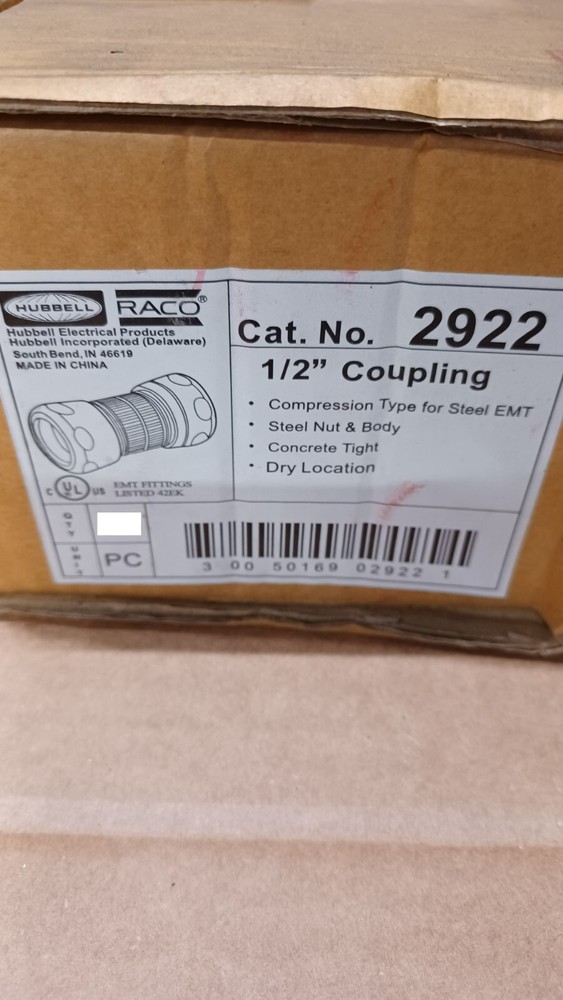 10 pack - 1/2" Compression EMT Coupling, Hubbell Raco, .5", Part# 2922