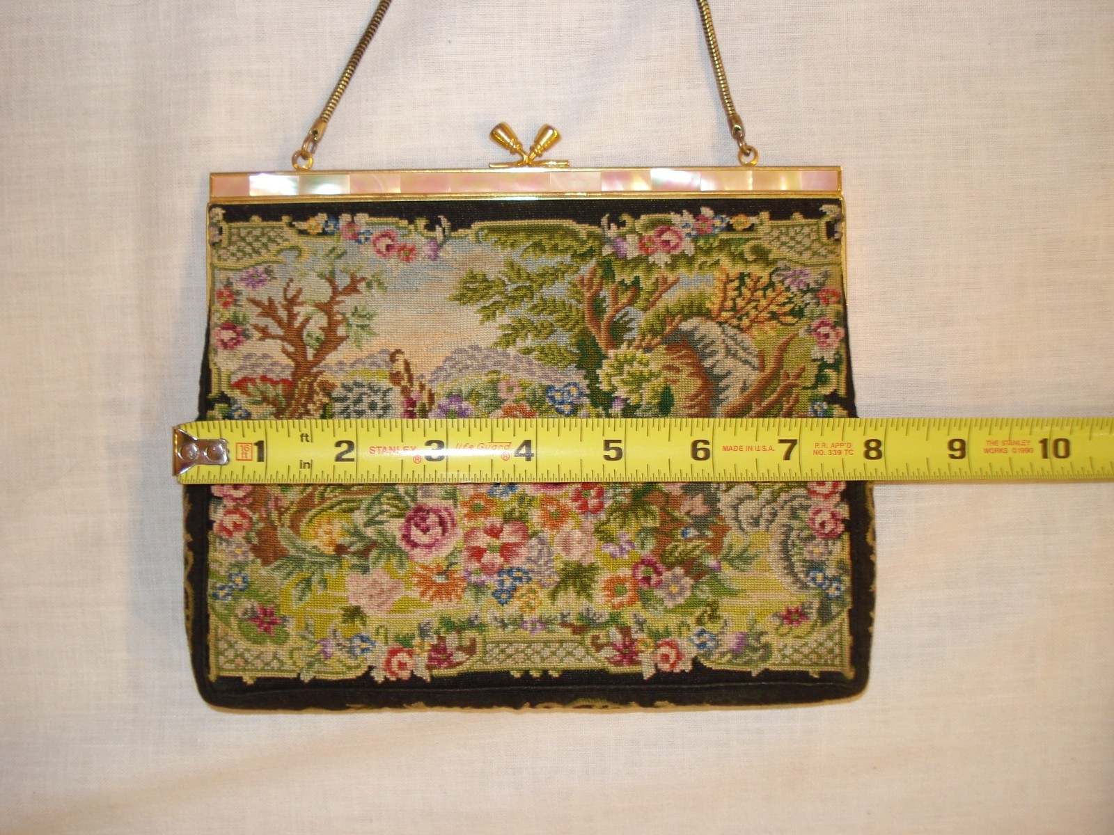 VINTAGE PETIT POINT FLORAL TAPESTRY GOLD METAL MOTHER OF PEARL TRIMMED FRAME