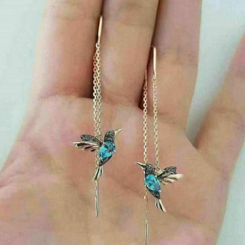 Silver Plated Drop Tassel Hummingbird Earrings Stud Threader Dangle Lab-Created