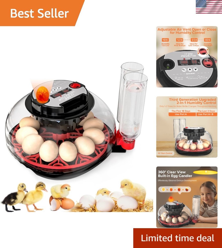 Upgraded HatchPro 12 Egg Incubator with Automatic Turning & Humidity Control