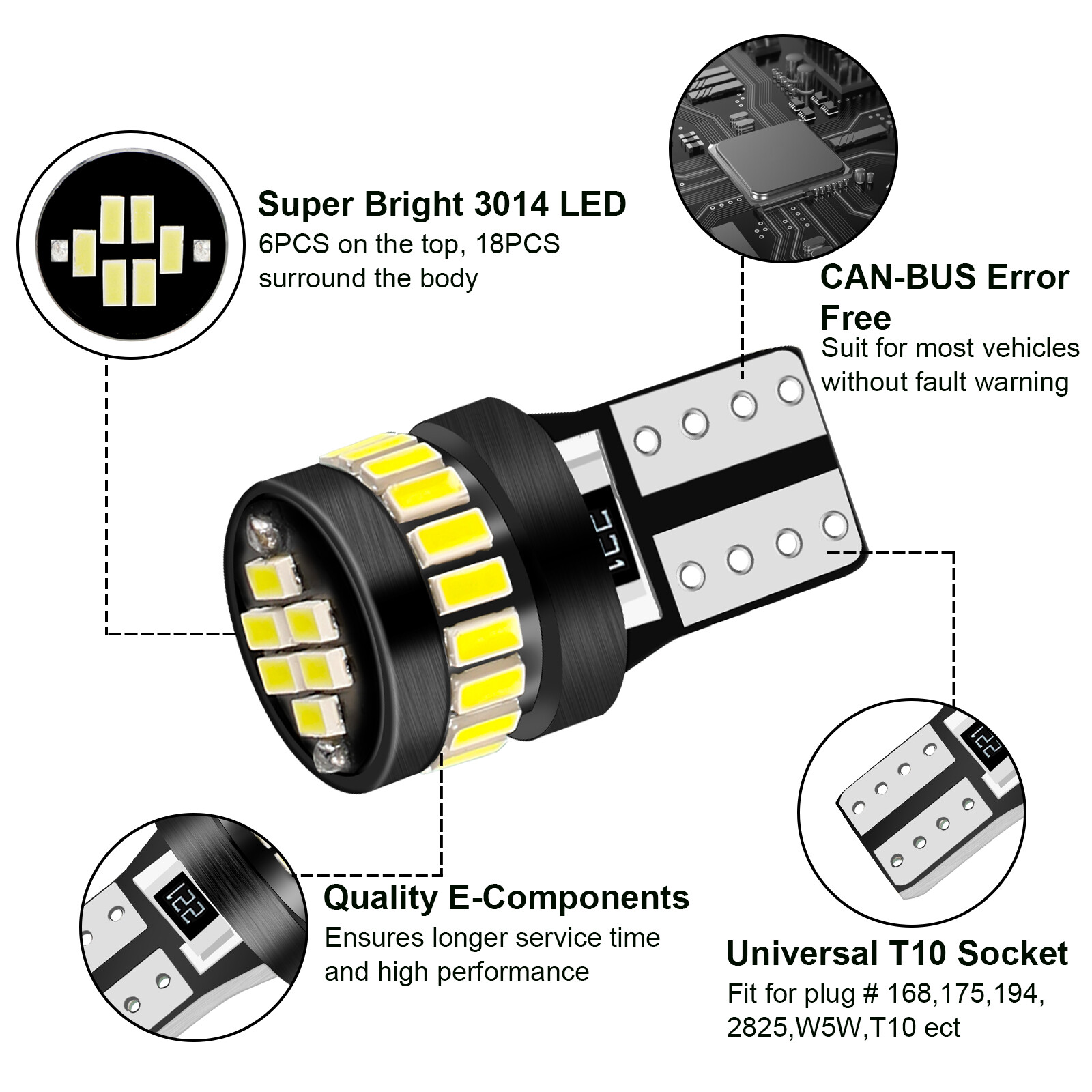 10PCS T10 194 168 24SMD LED Interior Light Bulbs Super Bright Canbus Xenon White