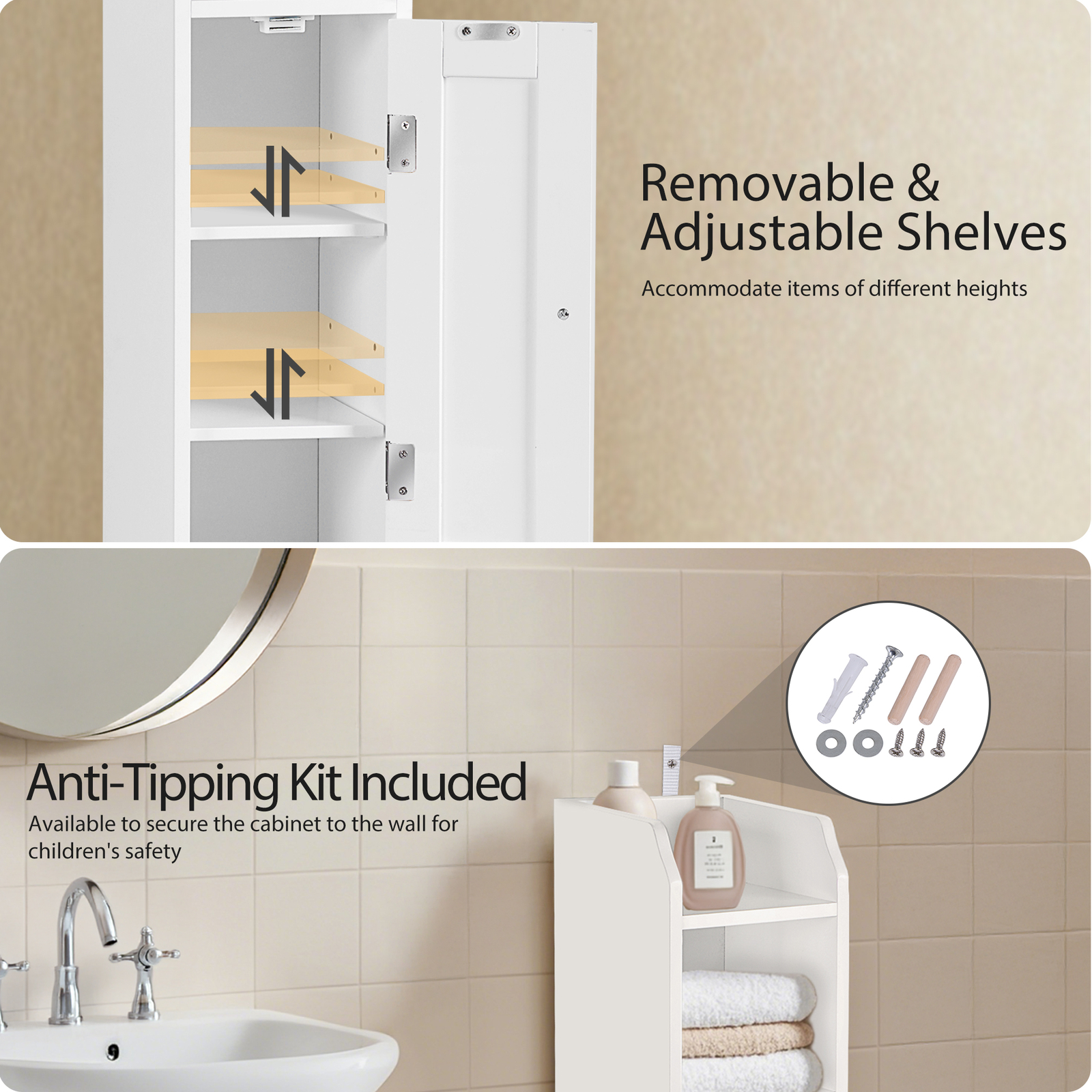 Small Bathroom Storage Cabinet White Floor Standing w/ Door & Shelves Storage