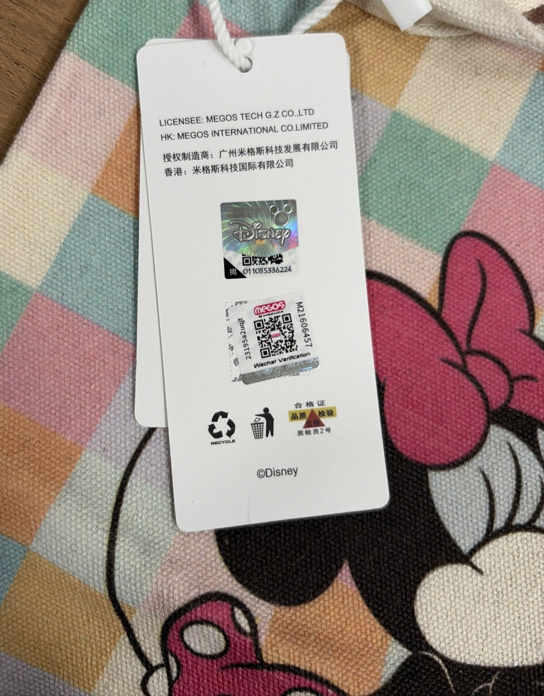 Disney Mickey and Friends Cute Picnic Canvas Tote Bag Pastel Checkered Pattern